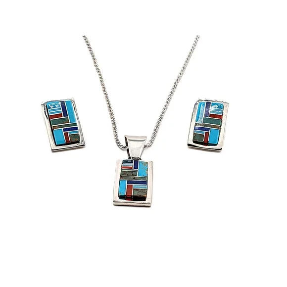 Authentic Patricia Becenti Navajo Inlay Necklace & Earring Set Mosaic Jewelry**